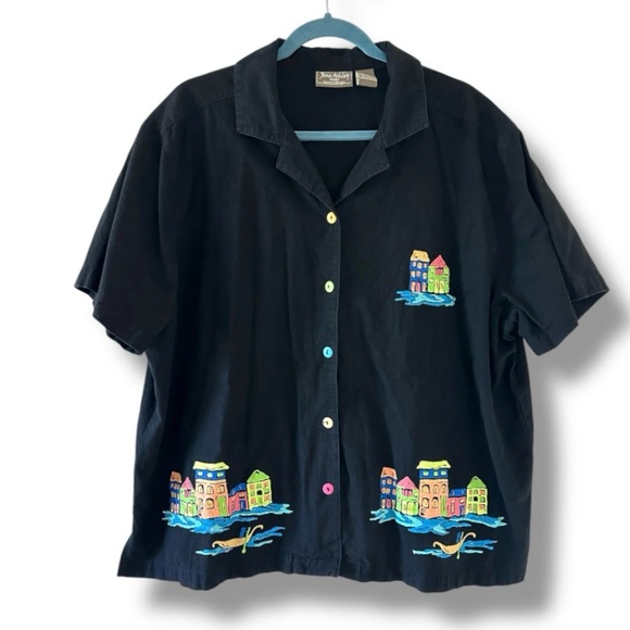 Vintage Jane Ashley Black Painted Beaded Button Up Shirt Women’s Plus Size 2X - Picture 1 of 16